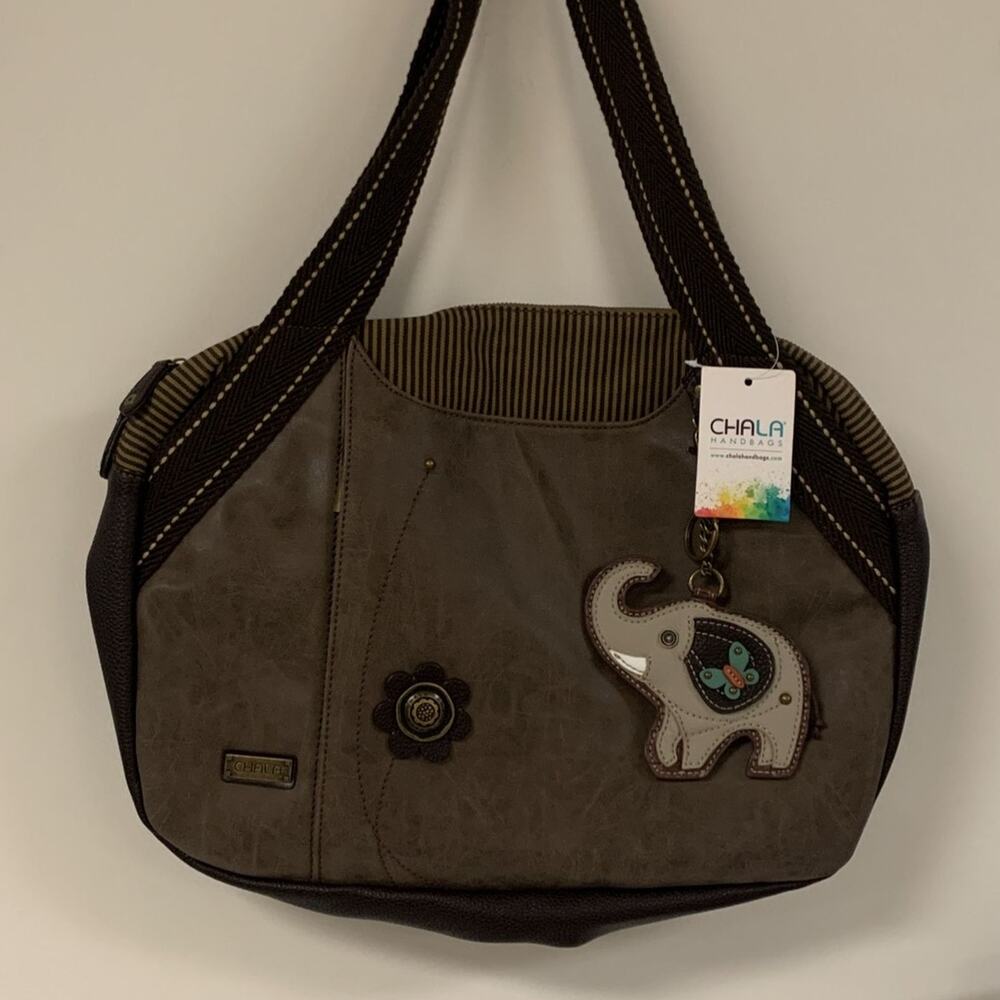 Chala Handbag Shoulder Purse Tote Bag with Elephant Charm, Stone Gray